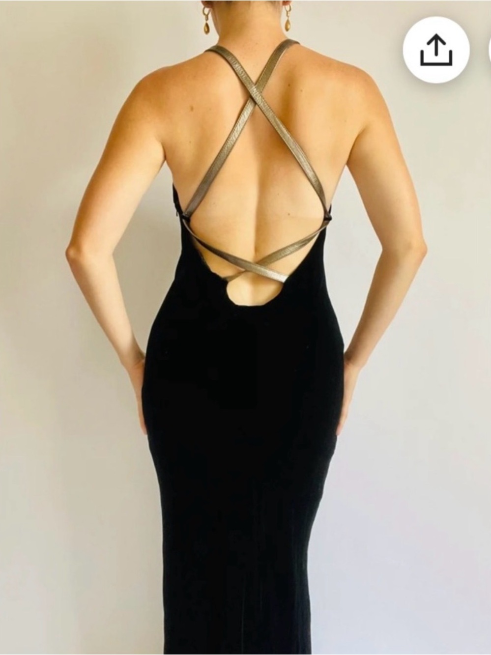 Ralph Lauren Vintage Black Velvet Silk Maxi Slit Gown Metallic Strappy Back 12
